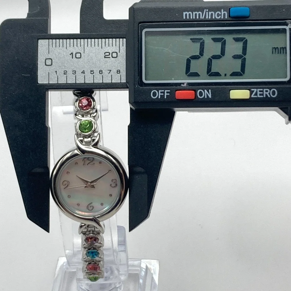 Modern Womens Watch 22mm Silver Tone Rainbow Crystals MOP Dial New Battery 6.75